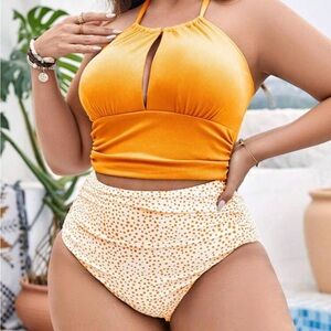 Orange Halter Bikini Top and Polka Dot High-Waist Bottom